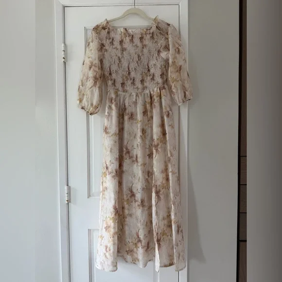 MELLODAY Cream Smocked Off the Shoulder Organza Midi Dress - Picture 3 of 16